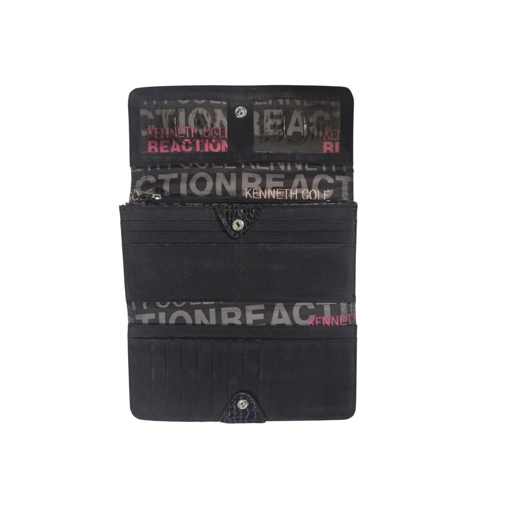 Kenneth Cole Reaction Womens Black Croc Embossed Trifold Wallet Snap Closure - Picture 4 of 5
